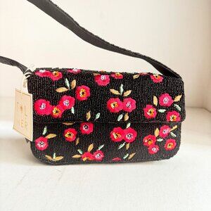 Beaded Handmade Black Red Floral Baguette Shoulder Bag